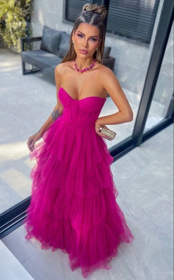 Ball Gown Hot Pink Sweetheart Tulle Prom Dress Formal Prom Dress