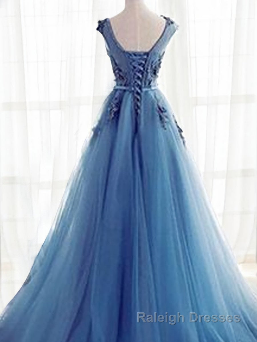 Ball Gown Jewel Sweep Train Tulle Evening Dresses With Appliques Lace Secondary image