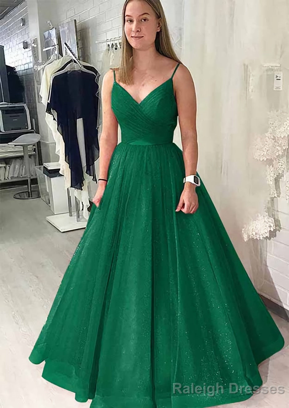 Ball Gown Long Dress Floor Length Sparkling Tulle Prom Dress With Pleated