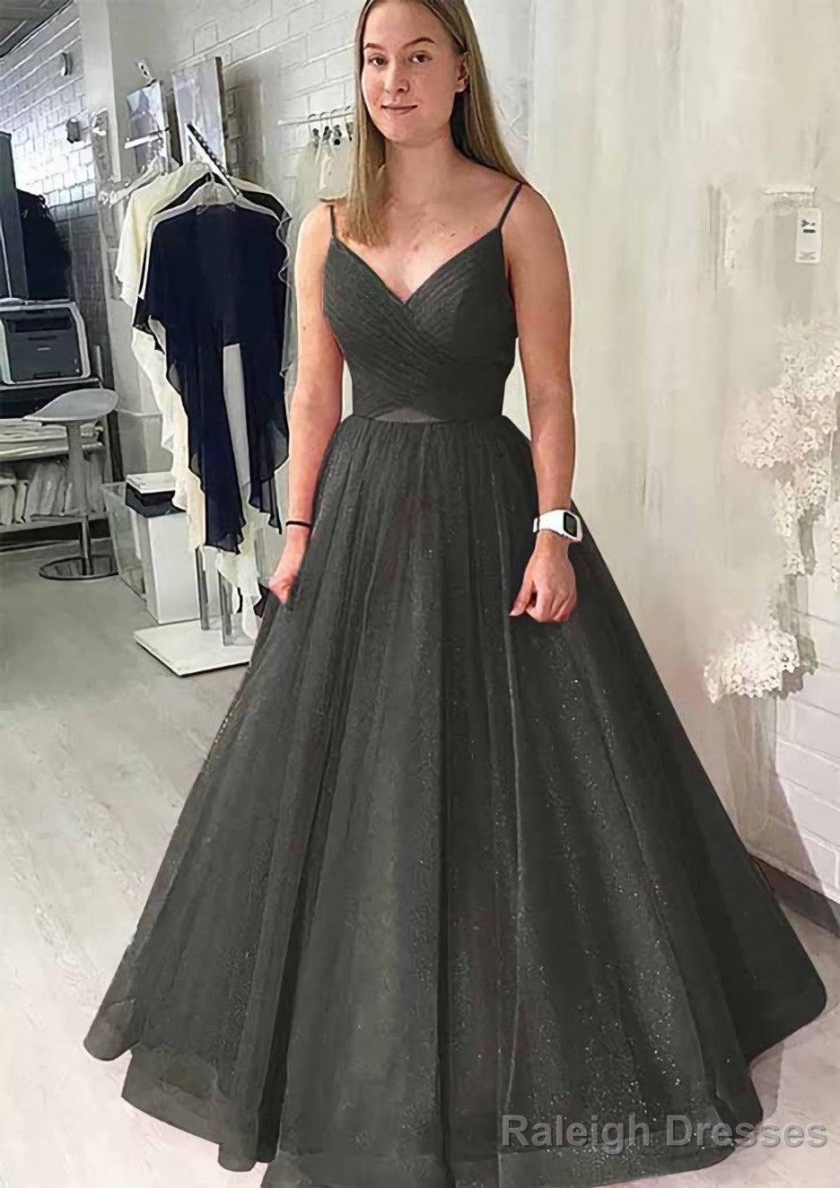 Ball Gown Long Dress Floor Length Sparkling Tulle Prom Dress With Pleated