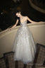 Ball Gown Long Prom Dress Straps Sequin Silver Evening Dress