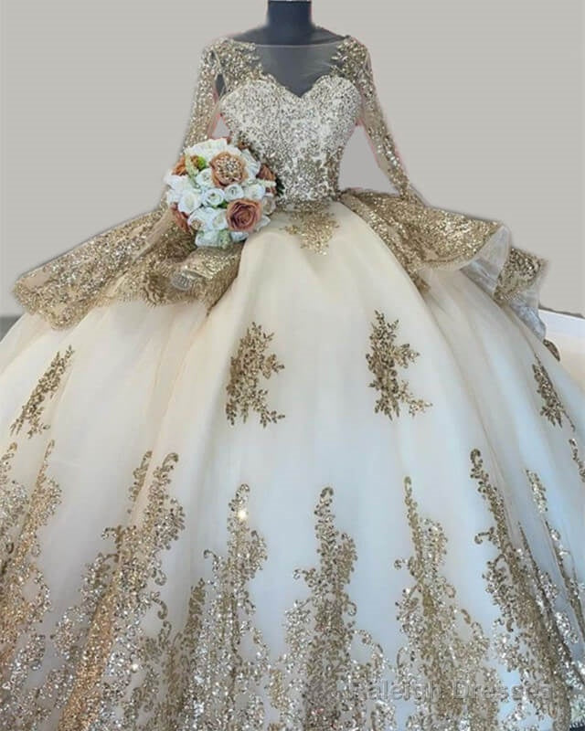 Ball Gowns Long Sleeve Quinceanera Dress With Gold Lace