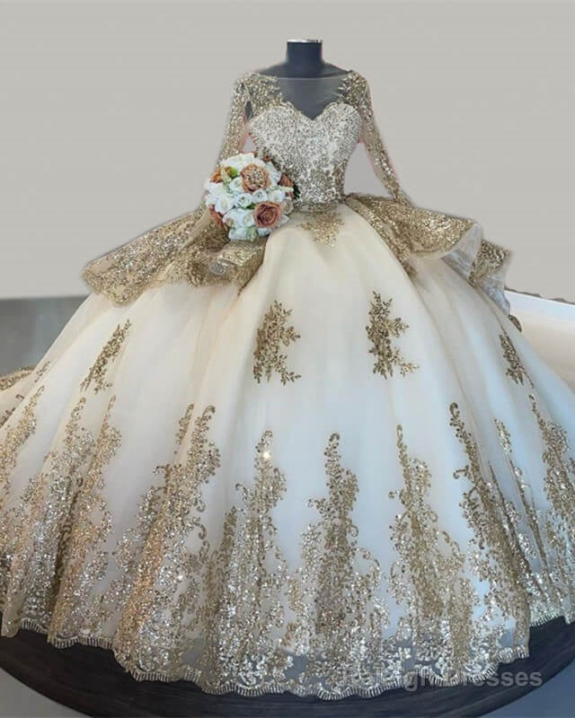 Ball Gown Long Sleeve Quinceanera Dresses With Gold Lace Main image