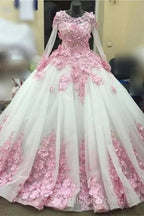 Ball Gown Long Sleeve Tulle Prom Flowers Wedding Dress