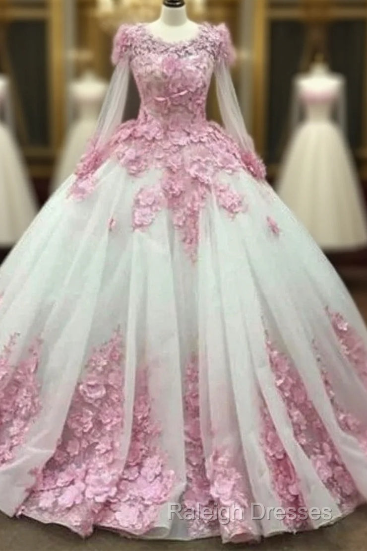 Ball Gown Long Sleeve Tulle Prom Flowers Wedding Dress