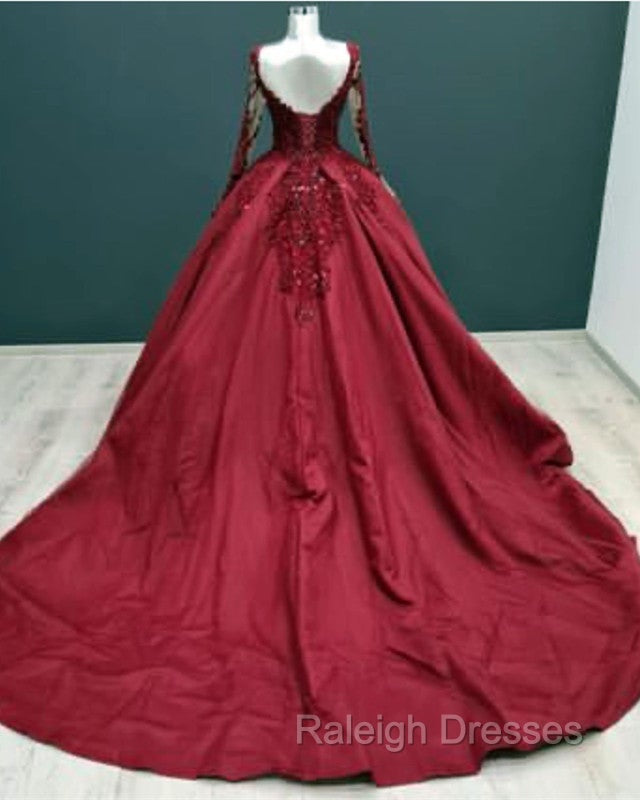 Ball Gowns Long Sleeves Lace Appliques Satin V Neck Dresses
