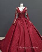 Ball Gowns Long Sleeves Lace Appliques Satin V Neck Dresses