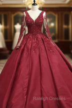 Ball Gowns Long Sleeves Lace Appliques Satin V Neck Dresses