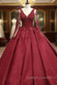 Ball Gowns Long Sleeves Lace Appliques Satin V Neck Dresses