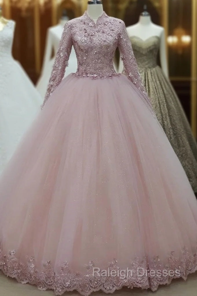 Ball Gown Long Sleeves Pink Tulle Evening Dress Main image