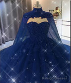Ball Gown  Navy Blue Tulle Lace Crystals Quinceanera Dresses With Cape