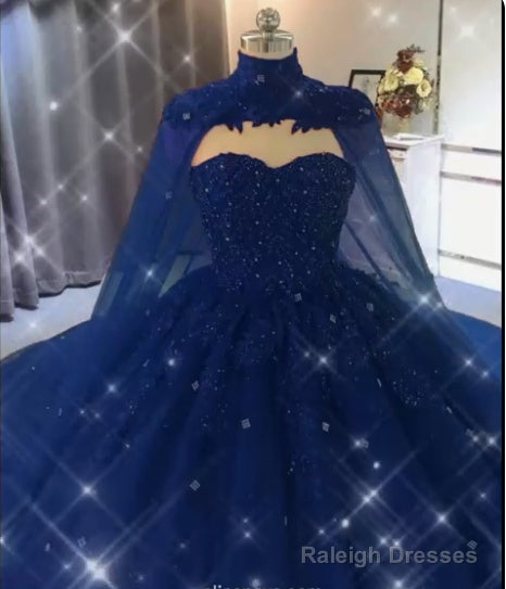 Ball Gown  Navy Blue Tulle Lace Crystals Quinceanera Dresses With Cape