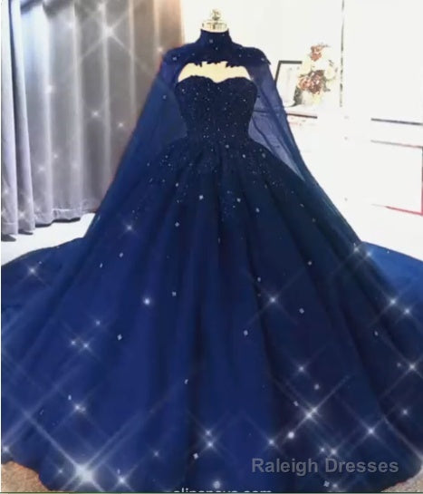 Ball Gown  Navy Blue Tulle Lace Crystals Quinceanera Dresses With Cape