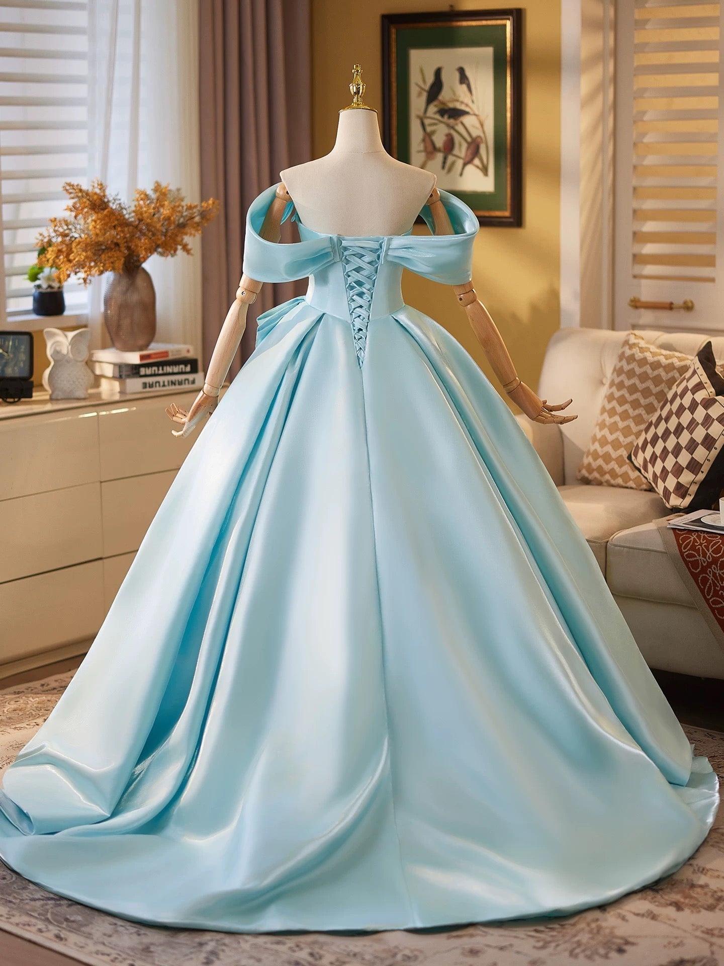 Ball Gown Off Shoulder A-Line Satin Sweep Train Blue Long Formal Prom Dress