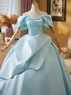 Ball Gown Off Shoulder A-Line Satin Sweep Train Blue Long Formal Prom Dress