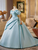Ball Gown Off Shoulder A-Line Satin Sweep Train Blue Long Formal Prom Dress