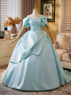 Ball Gown Off Shoulder A-Line Satin Sweep Train Blue Long Formal Prom Dress