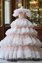 Ball Gown Off Shoulder Pink Tulle Long Prom Dress, Sweet 16 Dress