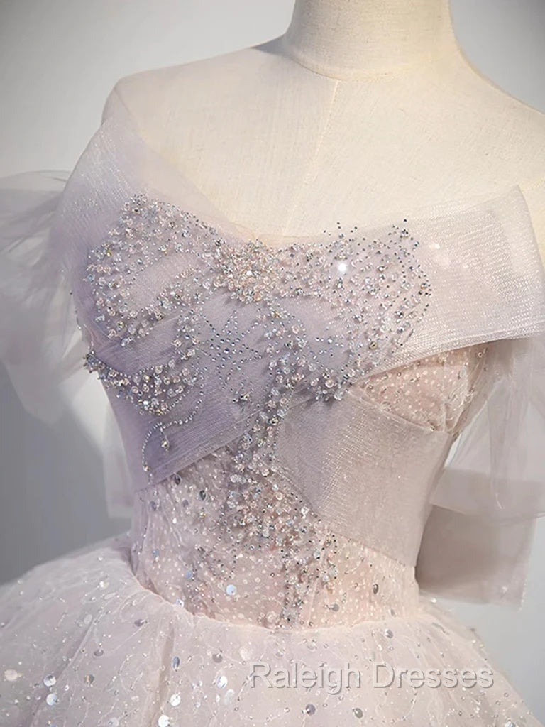 Ball Gown Off Shoulder Tulle Sequin Light Pink Long Prom Dress