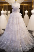 Ball Gown Off Shoulder Tulle Sequin Light Pink Long Prom Dress