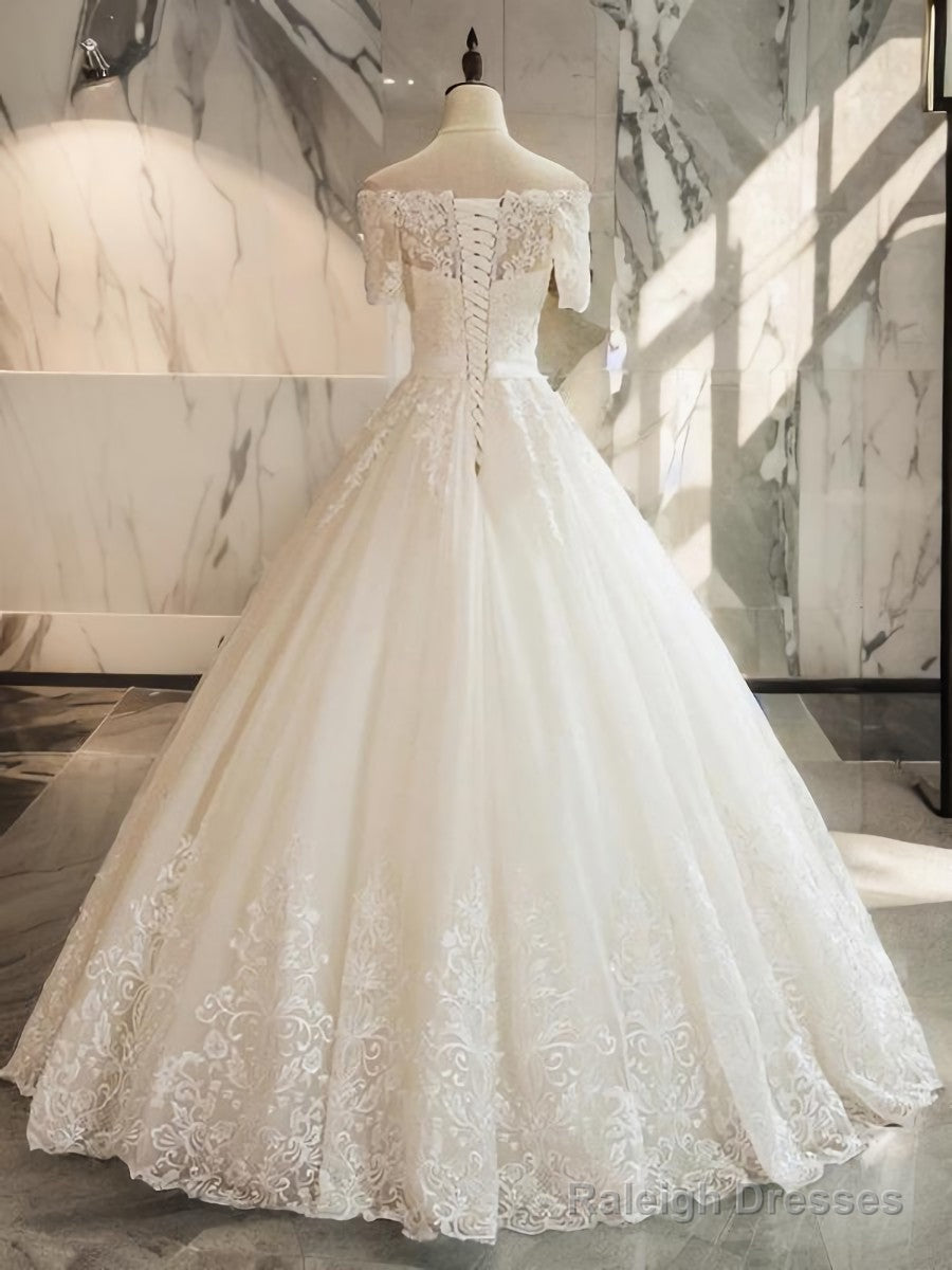 Ball-Gown Off-The-Shoulder 1/2 Sleeves Appliques Lace Floor-Length Tulle Wedding Dress