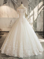 Ball-Gowns Off-The-Shoulder 1/2 Sleeves Appliques Lace Floor-Length Tulle Wedding Dresses