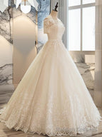 Ball-Gowns Off-the-Shoulder 1/2 Sleeves Appliques Lace Floor Length Tulle Wedding Dress