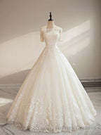 Ball-Gowns Off-the-Shoulder 1/2 Sleeves Appliques Lace Floor Length Tulle Wedding Dress