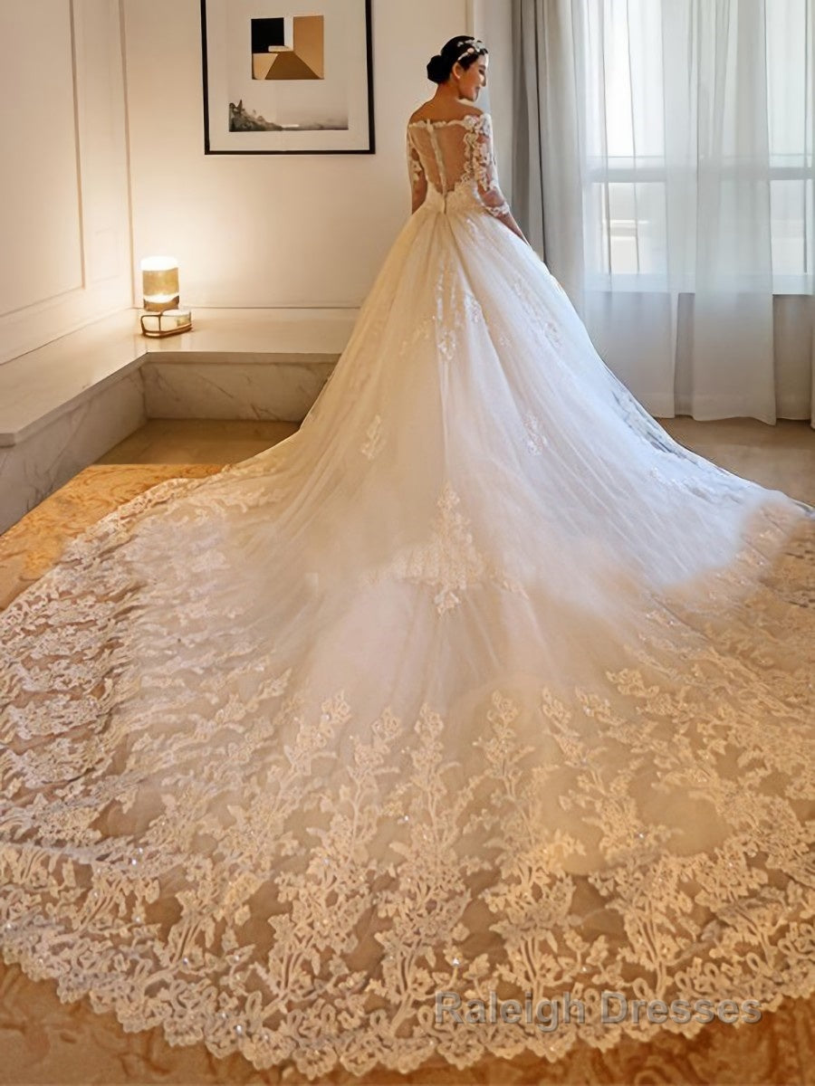 Ball Gowns Off-the-Shoulder Cathedral Train Tulle Wedding Dresses With Beading