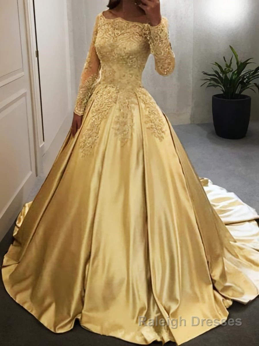 Ball Gowns Off-the-Shoulder Floor Length Satin Prom Dresses With Appliques Lace Main image