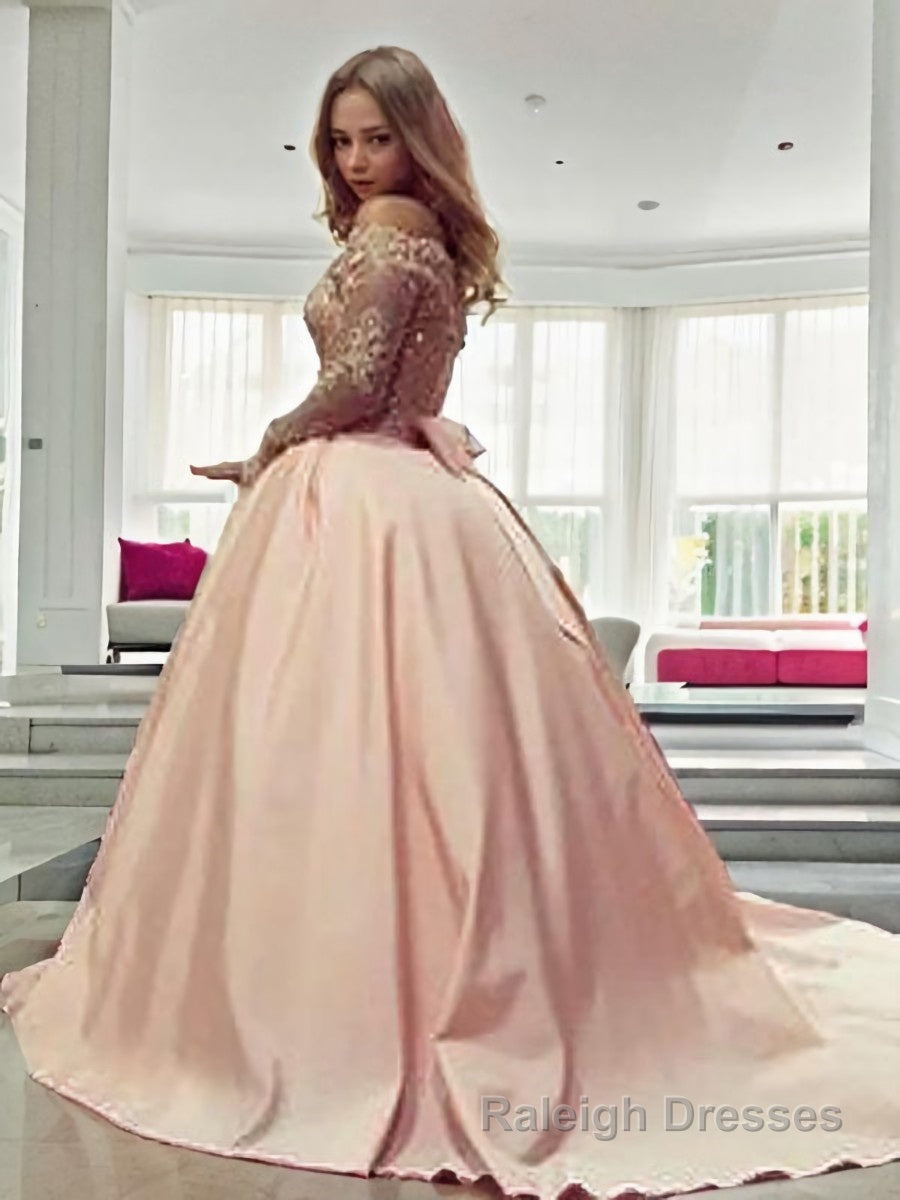 Ball Gowns Off-the-Shoulder Court Train Satin Prom Dresses With Bow
