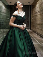 Ball Gowns Off-the-Shoulder Floor Length Satin Prom Dresses With Appliques Lace