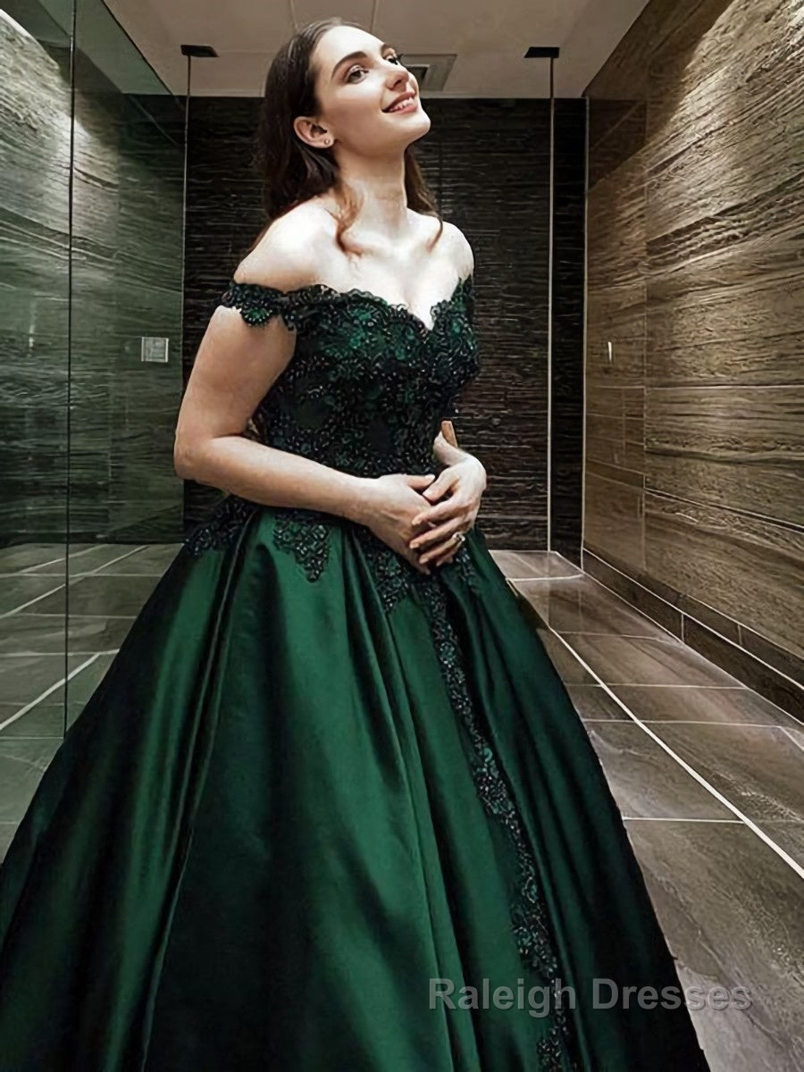 Ball Gowns Off-the-Shoulder Floor Length Satin Prom Dresses With Appliques Lace