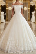 Ball Gown Off-the-Shoulder Floor-Length Tulle Wedding Dresses With Appliques Lace