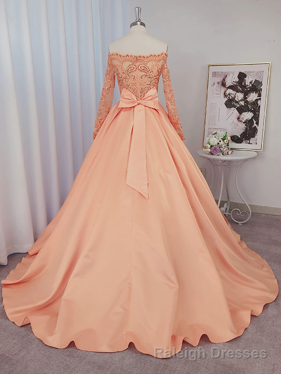 Ball-Gown Off-the-Shoulder Long Sleeves Bow Court Train Satin Dress Secondary image