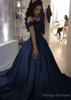 Ball Gown Off-the-Shoulder Sleeveless Sweep Train Satin Prom Dresses With Appliqued Beading