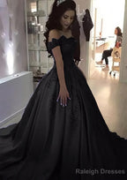 Ball Gown Off-the-Shoulder Sleeveless Sweep Train Satin Prom Dresses With Appliqued Beading