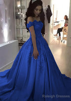 Ball Gown Off-the-Shoulder Sleeveless Sweep Train Satin Prom Dresses With Appliqued Beading