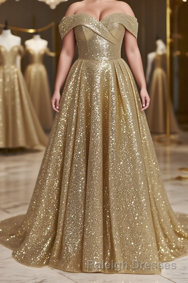 Ball Gown Off-the-Shoulder Sweep Train Sequins Prom Dresses With Lace