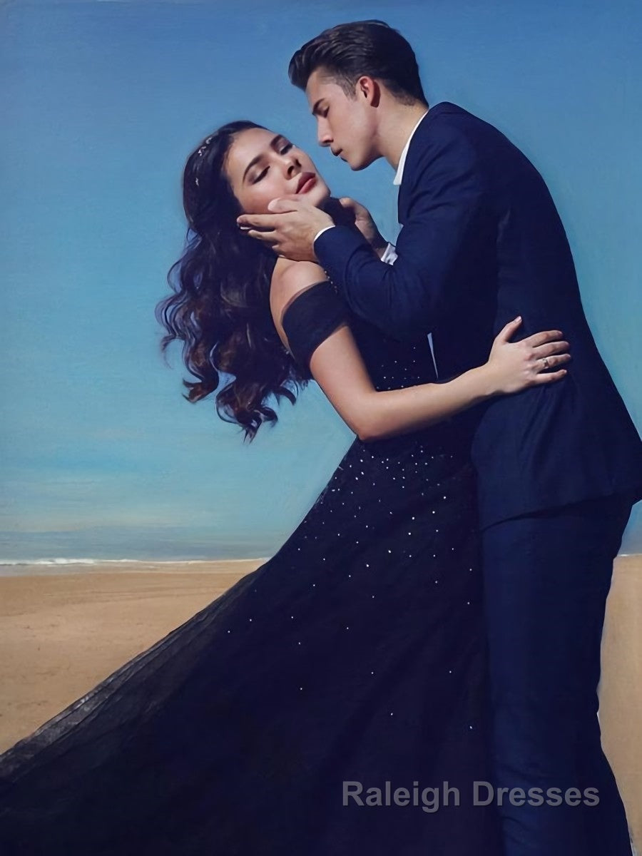 Ball Gown Off-the-Shoulder Sweep Train Tulle Prom Dresses With Beading Secondary image