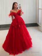 Ball Gowns Off-the-Shoulder Sweep Train Tulle Prom Dresses With Flower