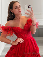 Ball Gown Off-the-Shoulder Sweep Train Tulle Prom Dresses With Flower