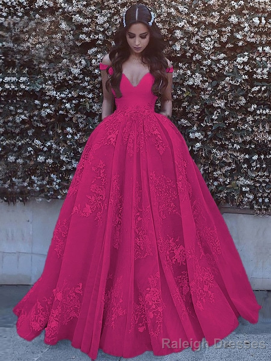Ball Gown Off-the-Shoulder Sweep Train Tulle Prom Dresses With Pockets