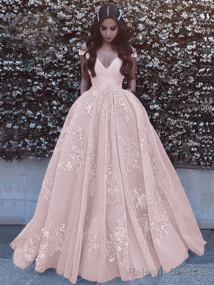 Ball Gown Off-the-Shoulder Sweep Train Tulle Prom Dresses With Pockets
