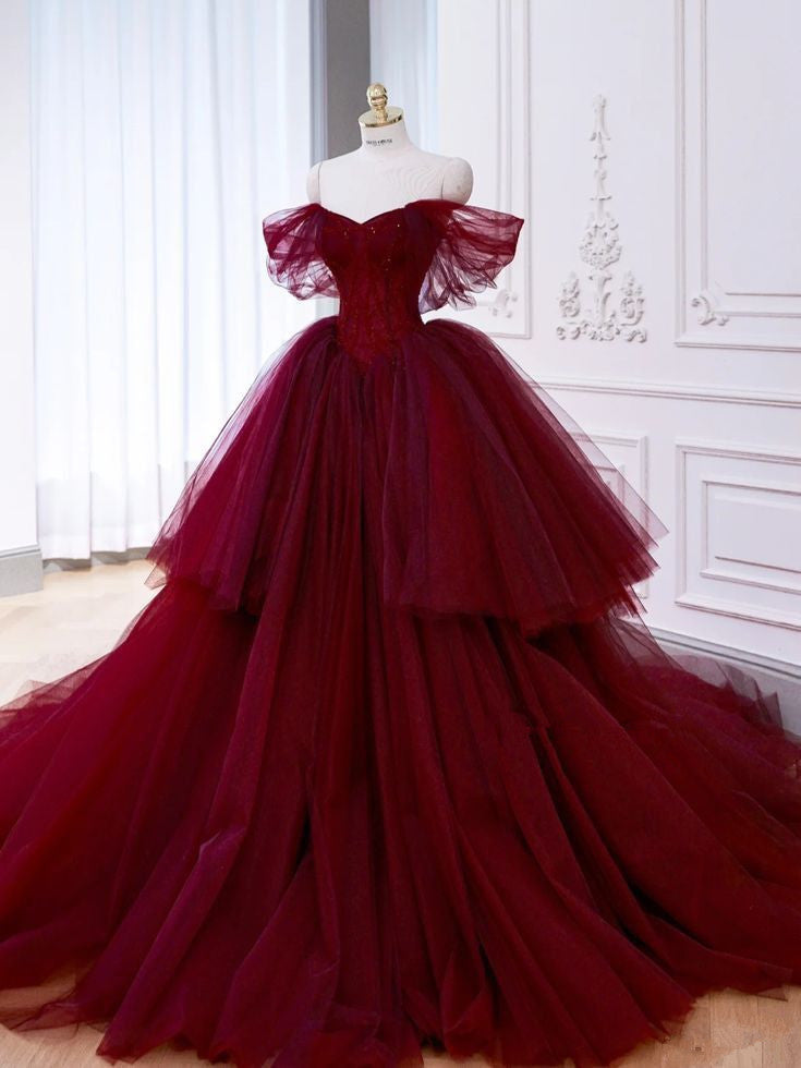 Ball Gowns Off The Shoulder Tulle Red Sweet 16 Dress