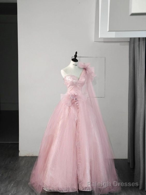 Ball Gown One Shoulder Pink Tulle Prom Dresses Evening Dress
