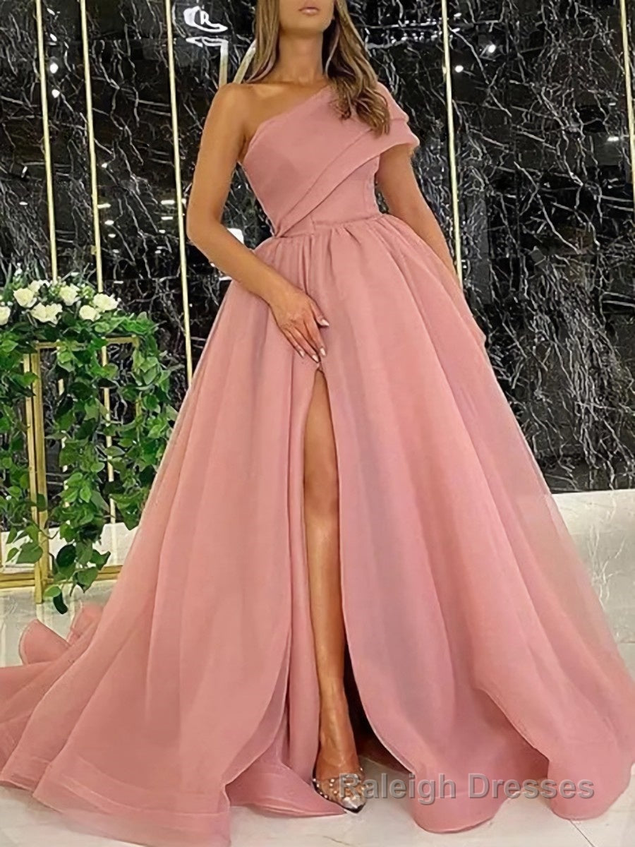 Ball Gowns One Shoulder Sweep Train Organza Prom Dresses With Leg Slit