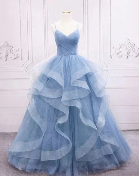 Green/Blue Long Shiny Elegant Spaghetti Straps Long Ruffled Organza Ball Gown Evening Dress Quinceanera Dress Secondary image