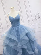 Green/Blue Long Shiny Elegant Spaghetti Straps Long Ruffled Organza Ball Gown Evening Dress Quinceanera Dress