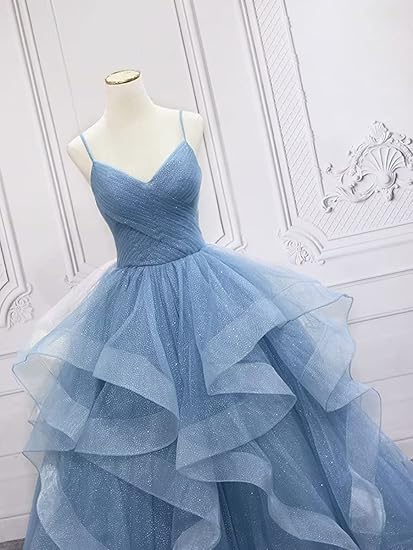 Green/Blue Long Shiny Elegant Spaghetti Straps Long Ruffled Organza Ball Gown Evening Dress Quinceanera Dress